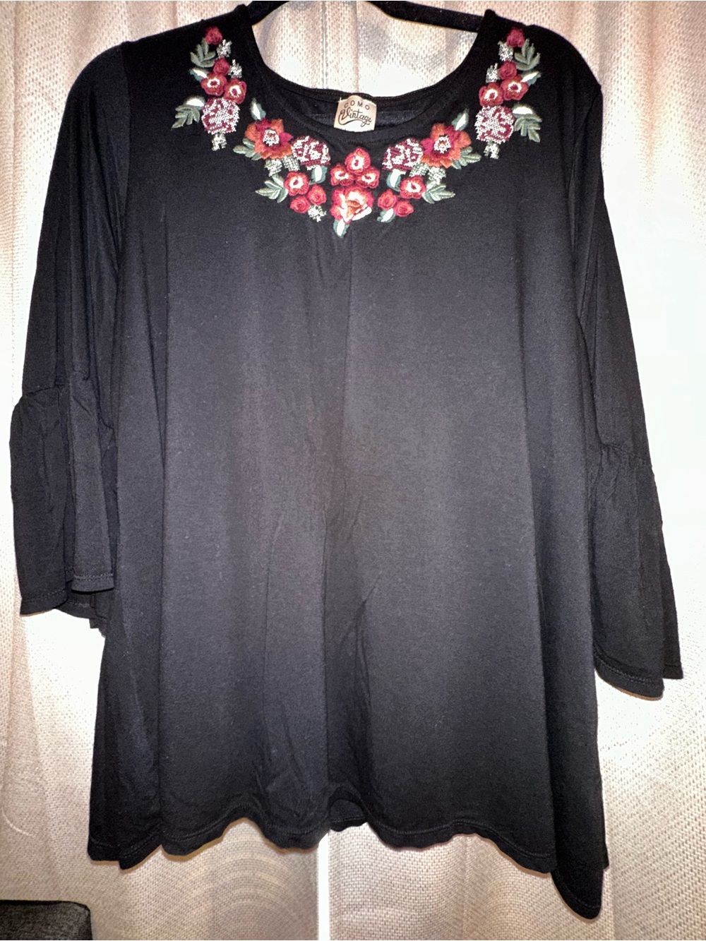 Como Vintage Black Tunic with Red Floral Embroidery